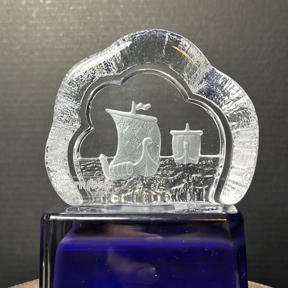 Nybro Sweden Crystal Glass Viking Ships Paperweight Original Sticker